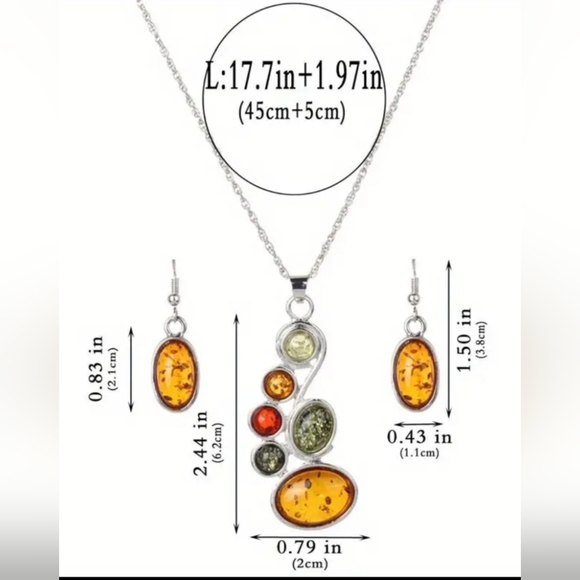 2/$40 NEW Western Boho Elegant Amber and Silver Necklace Earring Set (#0173) - Picture 5 of 6